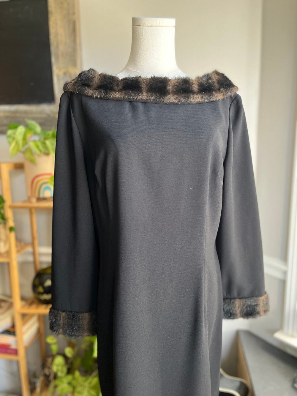 Vintage 90s Black Faux Fur Boat Neck Evening Gown Dress Size Large